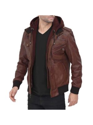 Brown Guerilla Leather Bomber Jacket With Hood