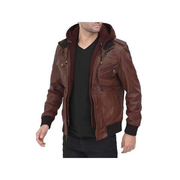 Brown Guerilla Leather Bomber Jacket With Hood