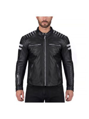 Striped Padded Shoulder Men's Moto Leather Jacket