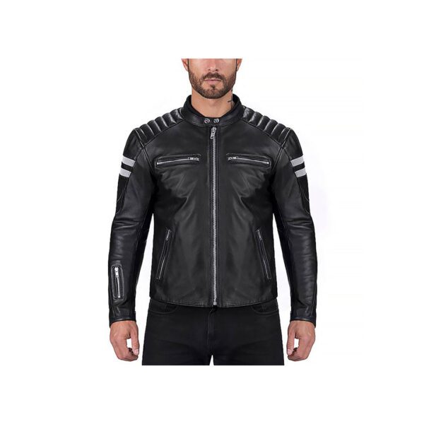 Striped Padded Shoulder Men's Moto Leather Jacket